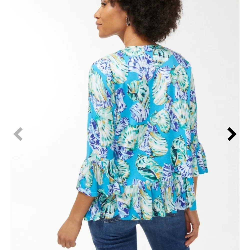 Chico's open front top size 3 US XL blue shells cruise beach Ruffled cardigan *